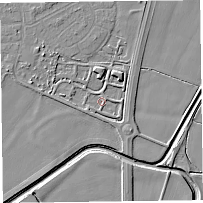 Shaded relief map of the ground around L376FY, computed from Environment Agency LiDAR. The ground here sits at about 4 m above sea level and falls 7 m across the surrounding 800 m. Surface water reaching this point runs off ground lying to the north-north-east, 5.0 m higher.