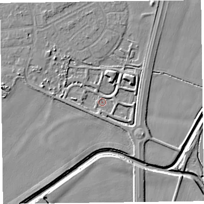 Shaded relief map of the ground around L376FZ, computed from Environment Agency LiDAR. The ground here sits at about 4 m above sea level and falls 7 m across the surrounding 800 m. Surface water reaching this point runs off ground lying to the north-east, 5.0 m higher.