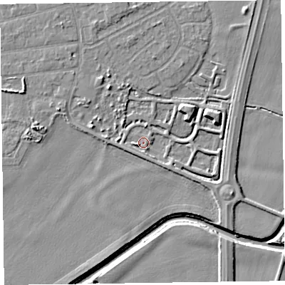 Shaded relief map of the ground around L376GA, computed from Environment Agency LiDAR. The ground here sits at about 5 m above sea level and falls 7 m across the surrounding 800 m. Surface water reaching this point runs off ground lying to the east-north-east, 5.0 m higher.
