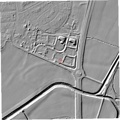 Shaded relief map of the ground around L376GB, computed from Environment Agency LiDAR. The ground here sits at about 4 m above sea level and falls 7 m across the surrounding 800 m. Surface water reaching this point runs off ground lying to the north-north-east, 5.0 m higher.