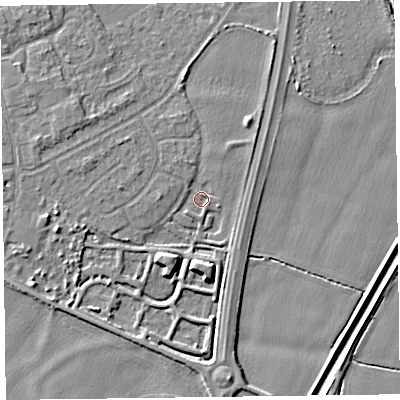 Shaded relief map of the ground around L376GD, computed from Environment Agency LiDAR. The ground here sits at about 4 m above sea level and falls 6 m across the surrounding 800 m. Surface water reaching this point runs off ground lying to the south-south-west, 4.3 m higher.