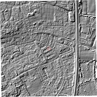 Shaded relief map of the ground around L378BL, computed from Environment Agency LiDAR. The ground here sits at about 5 m above sea level and falls 4 m across the surrounding 800 m. Surface water reaching this point runs off ground lying to the south-west, 1.3 m higher.