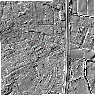 Shaded relief map of the ground around L378BN, computed from Environment Agency LiDAR. The ground here sits at about 5 m above sea level and falls 4 m across the surrounding 800 m. Surface water reaching this point runs off ground lying to the south-west, 1.3 m higher.