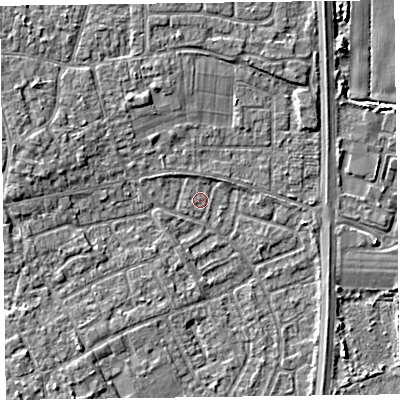 Shaded relief map of the ground around L378BP, computed from Environment Agency LiDAR. The ground here sits at about 5 m above sea level and falls 4 m across the surrounding 800 m. Surface water reaching this point runs off ground lying to the west, 2.7 m higher.