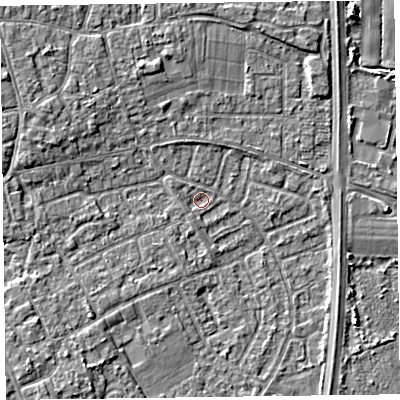 Shaded relief map of the ground around L378BR, computed from Environment Agency LiDAR. The ground here sits at about 5 m above sea level and falls 4 m across the surrounding 800 m. Surface water reaching this point runs off ground lying to the west-north-west, 2.2 m higher.