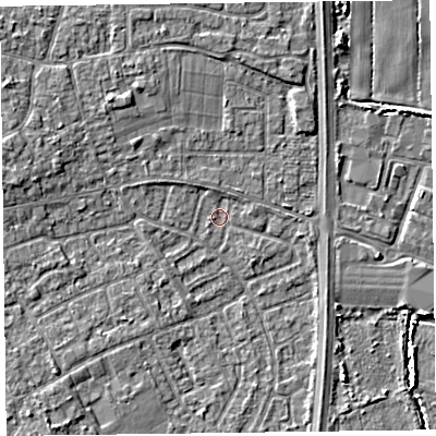 Shaded relief map of the ground around L378BS, computed from Environment Agency LiDAR. The ground here sits at about 4 m above sea level and falls 4 m across the surrounding 800 m. Surface water reaching this point runs off ground lying to the west, 2.7 m higher.