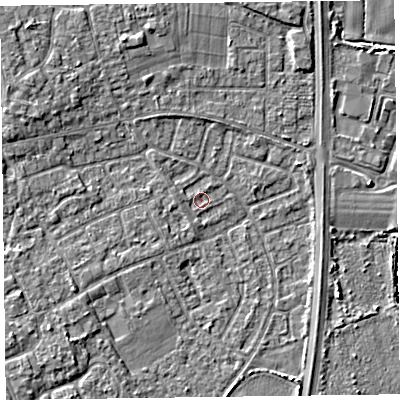 Shaded relief map of the ground around L378BT, computed from Environment Agency LiDAR. The ground here sits at about 5 m above sea level and falls 4 m across the surrounding 800 m. Surface water reaching this point runs off ground lying to the south-west, 1.3 m higher.
