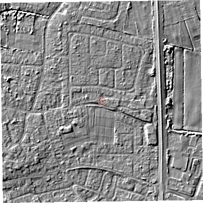 Shaded relief map of the ground around L378BY, computed from Environment Agency LiDAR. The ground here sits at about 5 m above sea level and falls 5 m across the surrounding 800 m. Surface water reaching this point runs off ground lying to the west-south-west, 1.1 m higher.