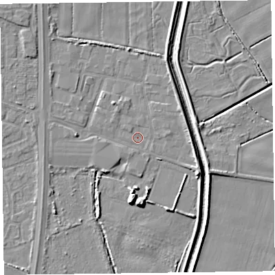 Shaded relief map of the ground around L378DL, computed from Environment Agency LiDAR. The ground here sits at about 4 m above sea level and falls 8 m across the surrounding 800 m. Surface water reaching this point runs off ground lying to the east-south-east, 2.4 m higher.