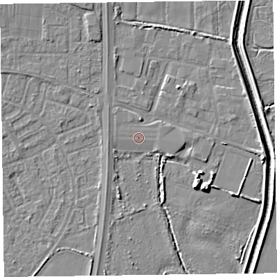 Shaded relief map of the ground around L378DP, computed from Environment Agency LiDAR. The ground here sits at about 5 m above sea level and falls 8 m across the surrounding 800 m. The ground contributing surface water to this point lies to the east.
