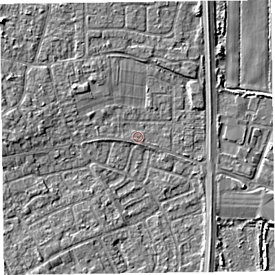 Shaded relief map of the ground around L378DS, computed from Environment Agency LiDAR. The ground here sits at about 5 m above sea level and falls 5 m across the surrounding 800 m. Surface water reaching this point runs off ground lying to the west-north-west, 1.8 m higher.