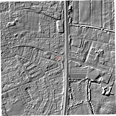 Shaded relief map of the ground around L378DU, computed from Environment Agency LiDAR. The ground here sits at about 5 m above sea level and falls 7 m across the surrounding 800 m. Surface water reaching this point runs off ground lying to the west-south-west, 1.7 m higher.