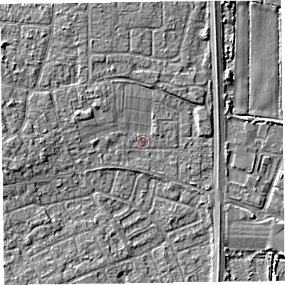 Shaded relief map of the ground around L378DX, computed from Environment Agency LiDAR. The ground here sits at about 5 m above sea level and falls 5 m across the surrounding 800 m. Surface water reaching this point runs off ground lying to the west-north-west, 2.2 m higher.
