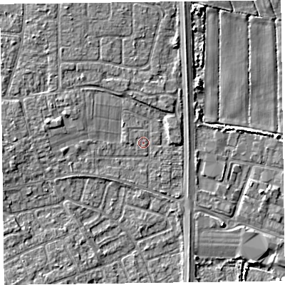 Shaded relief map of the ground around L378DY, computed from Environment Agency LiDAR. The ground here sits at about 5 m above sea level and falls 4 m across the surrounding 800 m. Surface water reaching this point runs off ground lying to the west-north-west, 2.4 m higher.