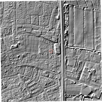Shaded relief map of the ground around L378DZ, computed from Environment Agency LiDAR. The ground here sits at about 5 m above sea level and falls 4 m across the surrounding 800 m. Surface water reaching this point runs off ground lying to the west, 2.7 m higher.