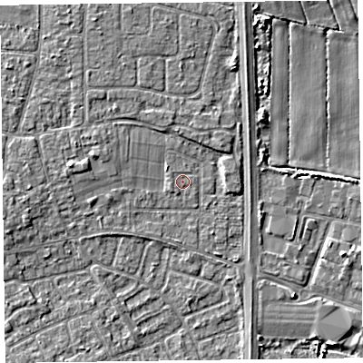 Shaded relief map of the ground around L378EA, computed from Environment Agency LiDAR. The ground here sits at about 5 m above sea level and falls 4 m across the surrounding 800 m. Surface water reaching this point runs off ground lying to the west, 0.6 m higher.