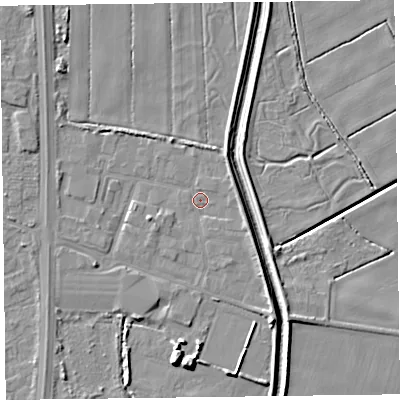 Shaded relief map of the ground around L378EG, computed from Environment Agency LiDAR. The ground here sits at about 4 m above sea level and falls 8 m across the surrounding 800 m. Surface water reaching this point runs off ground lying to the east-south-east, 1.9 m higher.