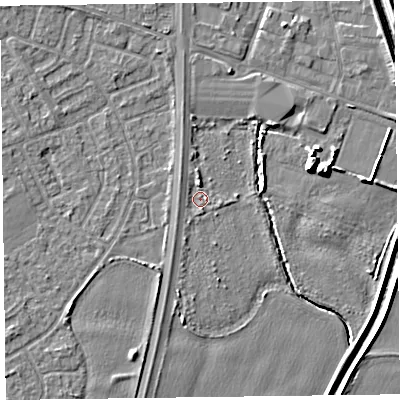 Shaded relief map of the ground around L378EH, computed from Environment Agency LiDAR. The ground here sits at about 5 m above sea level and falls 8 m across the surrounding 800 m. Surface water reaching this point runs off ground lying to the north, 1.8 m higher.