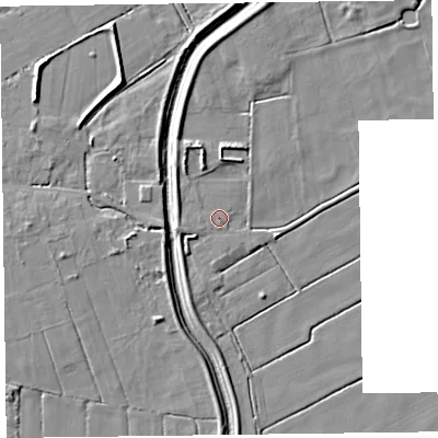 Shaded relief map of the ground around L379BE, computed from Environment Agency LiDAR. The ground here sits at about 4 m above sea level and falls 8 m across the surrounding 800 m. Surface water reaching this point runs off ground lying to the west-south-west, 2.1 m higher.
