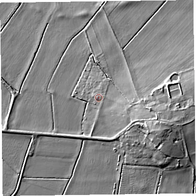 Shaded relief map of the ground around L379BG, computed from Environment Agency LiDAR. The ground here sits at about 6 m above sea level and falls 13 m across the surrounding 800 m. Surface water reaching this point runs off ground lying to the east-north-east, 0.9 m higher.