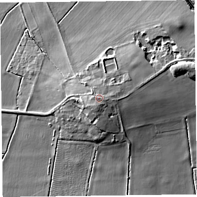 Shaded relief map of the ground around L379BQ, computed from Environment Agency LiDAR. The ground here sits at about 13 m above sea level and falls 13 m across the surrounding 800 m. Surface water reaching this point runs off ground lying to the south-south-west, 0.7 m higher.