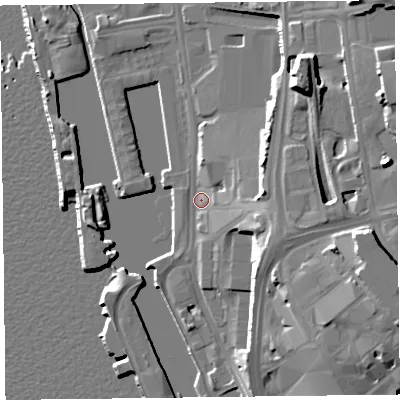 Shaded relief map of the ground around L37BB, computed from Environment Agency LiDAR. The ground here sits at about 7 m above sea level and falls 21 m across the surrounding 800 m. Surface water reaching this point runs off ground lying to the east-south-east, 10.5 m higher.