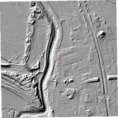 Shaded relief map of the ground around L380BG, computed from Environment Agency LiDAR. The ground here sits at about 8 m above sea level and falls 14 m across the surrounding 800 m. Surface water reaching this point runs off ground lying to the north-east, 1.3 m higher.
