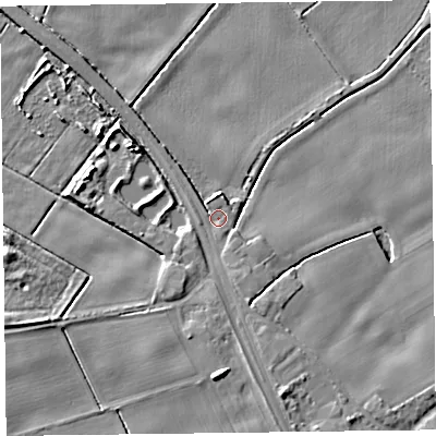 Shaded relief map of the ground around L381QA, computed from Environment Agency LiDAR. The ground here sits at about 4 m above sea level and falls 7 m across the surrounding 800 m. Surface water reaching this point runs off ground lying to the south-south-east, 2.7 m higher.