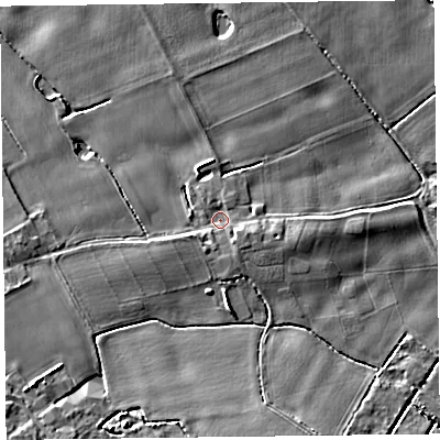 Shaded relief map of the ground around L381QF, computed from Environment Agency LiDAR. The ground here sits at about 6 m above sea level and falls 9 m across the surrounding 800 m. Surface water reaching this point runs off ground lying to the east-south-east, 2.0 m higher.