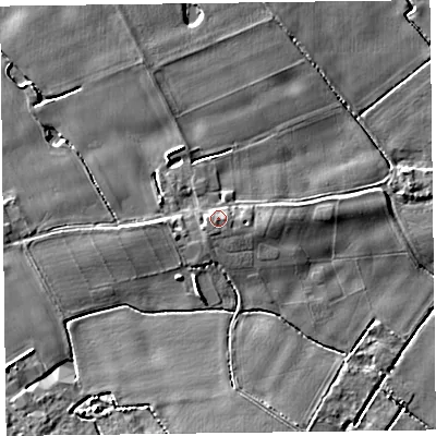 Shaded relief map of the ground around L381QQ, computed from Environment Agency LiDAR. The ground here sits at about 7 m above sea level and falls 9 m across the surrounding 800 m. The ground contributing surface water to this point lies to the south-south-west.