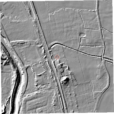 Shaded relief map of the ground around L383RY, computed from Environment Agency LiDAR. The ground here sits at about 5 m above sea level and falls 12 m across the surrounding 800 m. Surface water reaching this point runs off ground lying to the south-south-west, 3.8 m higher.