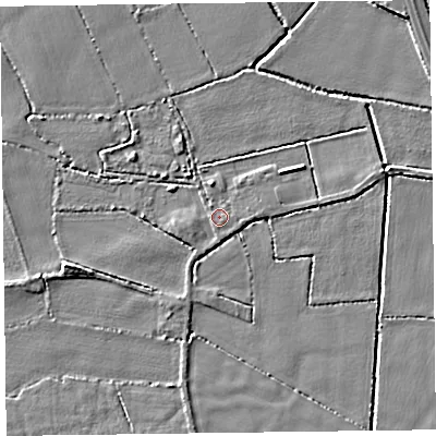 Shaded relief map of the ground around L384JB, computed from Environment Agency LiDAR. The ground here sits at about 4 m above sea level and falls 4 m across the surrounding 800 m. Surface water reaching this point runs off ground lying to the west-south-west, 0.9 m higher.