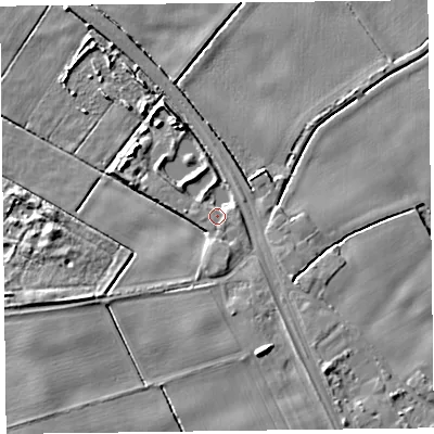 Shaded relief map of the ground around L385AA, computed from Environment Agency LiDAR. The ground here sits at about 5 m above sea level and falls 7 m across the surrounding 800 m. Surface water reaching this point runs off ground lying to the south-south-east, 2.8 m higher.