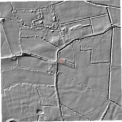 Shaded relief map of the ground around L385DB, computed from Environment Agency LiDAR. The ground here sits at about 4 m above sea level and falls 4 m across the surrounding 800 m. Surface water reaching this point runs off ground lying to the south-south-west, 1.8 m higher.