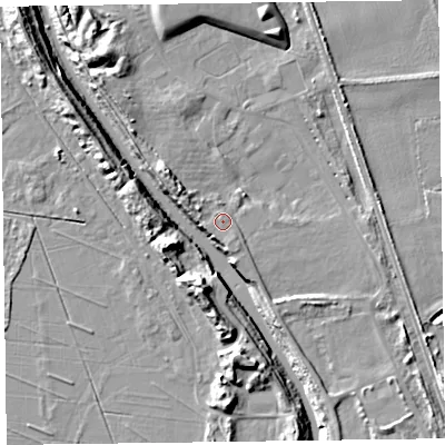 Shaded relief map of the ground around L387JB, computed from Environment Agency LiDAR. The ground here sits at about 6 m above sea level and falls 11 m across the surrounding 800 m. Surface water reaching this point runs off ground lying to the south-south-east, 1.1 m higher.