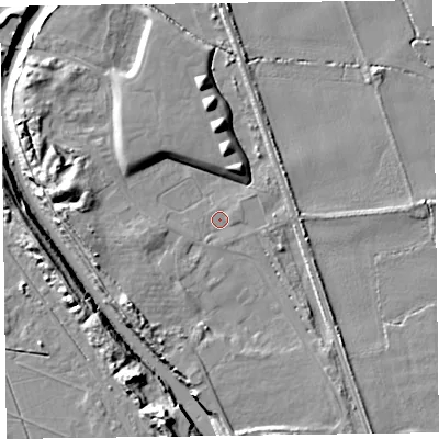 Shaded relief map of the ground around L387JD, computed from Environment Agency LiDAR. The ground here sits at about 4 m above sea level and falls 11 m across the surrounding 800 m. Surface water reaching this point runs off ground lying to the west-south-west, 1.4 m higher.