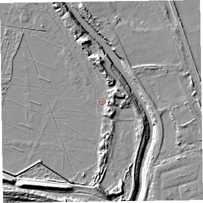Shaded relief map of the ground around L388AE, computed from Environment Agency LiDAR. The ground here sits at about 5 m above sea level and falls 13 m across the surrounding 800 m. Surface water reaching this point runs off ground lying to the south, 9.0 m higher.