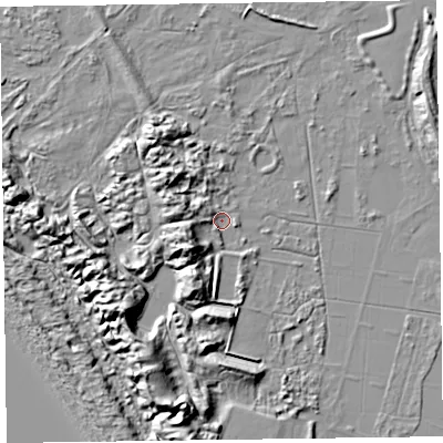 Shaded relief map of the ground around L388AF, computed from Environment Agency LiDAR. The ground here sits at about 5 m above sea level and falls 17 m across the surrounding 800 m. Surface water reaching this point runs off ground lying to the north-west, 9.0 m higher.