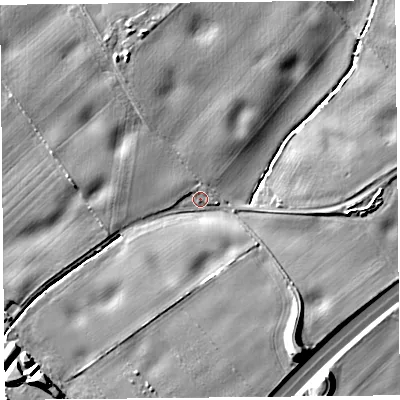 Shaded relief map of the ground around L390EF, computed from Environment Agency LiDAR. The ground here sits at about 42 m above sea level and falls 12 m across the surrounding 800 m. Surface water reaching this point runs off ground lying to the east, 7.1 m higher.