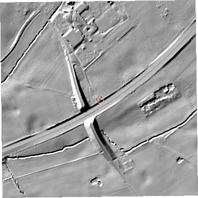 Shaded relief map of the ground around L390ER, computed from Environment Agency LiDAR. The ground here sits at about 39 m above sea level and falls 13 m across the surrounding 800 m. Surface water reaching this point runs off ground lying to the north-east, 5.2 m higher.