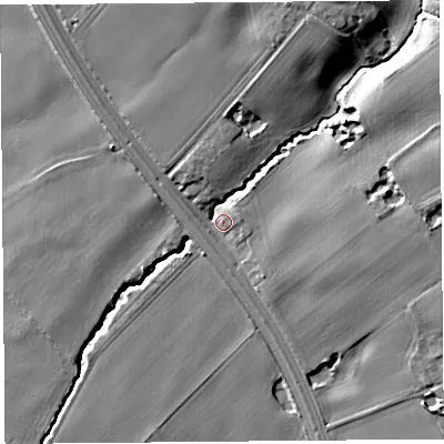 Shaded relief map of the ground around L390HE, computed from Environment Agency LiDAR. The ground here sits at about 51 m above sea level and falls 21 m across the surrounding 800 m. Surface water reaching this point runs off ground lying to the north-north-east, 15.5 m higher.