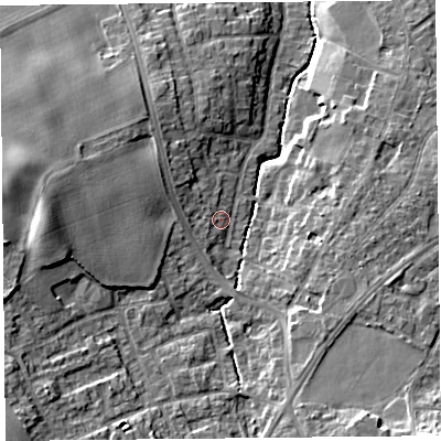 Shaded relief map of the ground around L391LA, computed from Environment Agency LiDAR. The ground here sits at about 37 m above sea level and falls 14 m across the surrounding 800 m. Surface water reaching this point runs off ground lying to the west-south-west, 1.9 m higher.