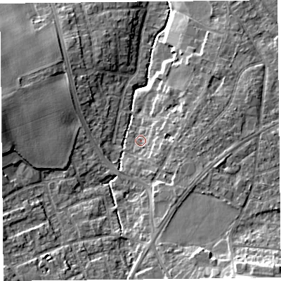 Shaded relief map of the ground around L391LD, computed from Environment Agency LiDAR. The ground here sits at about 36 m above sea level and falls 15 m across the surrounding 800 m. Surface water reaching this point runs off ground lying to the south-south-east, 4.3 m higher.