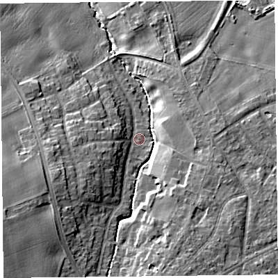 Shaded relief map of the ground around L391LG, computed from Environment Agency LiDAR. The ground here sits at about 33 m above sea level and falls 14 m across the surrounding 800 m. Surface water reaching this point runs off ground lying to the west-south-west, 5.7 m higher.