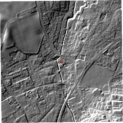 Shaded relief map of the ground around L391LW, computed from Environment Agency LiDAR. The ground here sits at about 38 m above sea level and falls 20 m across the surrounding 800 m. Surface water reaching this point runs off ground lying to the west-north-west, 9.3 m higher.