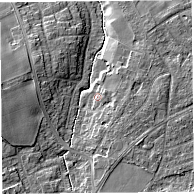 Shaded relief map of the ground around L391RL, computed from Environment Agency LiDAR. The ground here sits at about 36 m above sea level and falls 12 m across the surrounding 800 m. Surface water reaching this point runs off ground lying to the east-north-east, 2.6 m higher.