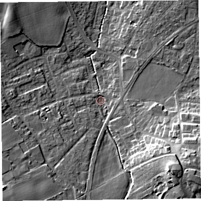 Shaded relief map of the ground around L393AS, computed from Environment Agency LiDAR. The ground here sits at about 38 m above sea level and falls 22 m across the surrounding 800 m. Surface water reaching this point runs off ground lying to the south-east, 17.9 m higher.