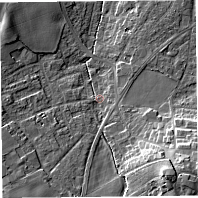 Shaded relief map of the ground around L393AU, computed from Environment Agency LiDAR. The ground here sits at about 39 m above sea level and falls 22 m across the surrounding 800 m. Surface water reaching this point runs off ground lying to the south-east, 17.9 m higher.