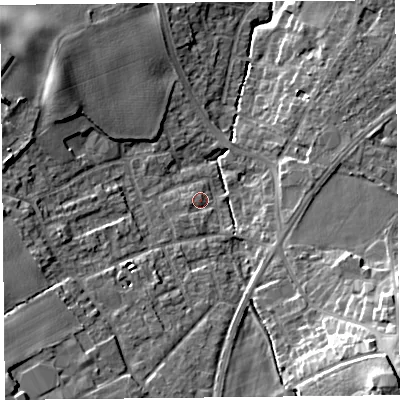 Shaded relief map of the ground around L393AY, computed from Environment Agency LiDAR. The ground here sits at about 39 m above sea level and falls 23 m across the surrounding 800 m. Surface water reaching this point runs off ground lying to the south-east, 19.9 m higher.