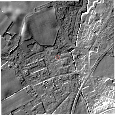 Shaded relief map of the ground around L393AZ, computed from Environment Agency LiDAR. The ground here sits at about 38 m above sea level and falls 19 m across the surrounding 800 m. Surface water reaching this point runs off ground lying to the south-west, 9.4 m higher.